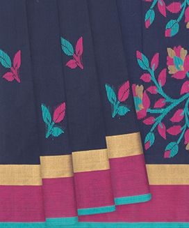 Navy Blue Handloom Kanchi Cotton Saree With Floral Motif Buttas
