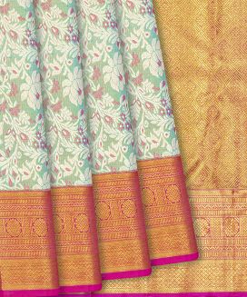 Mint Green Handloom Kanchipuram Tissue Silk Saree With Floral Vine Motifs