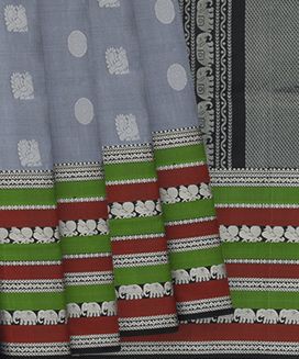 Grey Handloom Soft Silk Saree With Annam, Rudraksham Butta & Black Pallu
