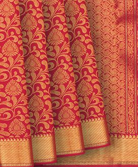 Red Handloom Kanchipuram Silk Saree With Floral Vine Motifs In Zari