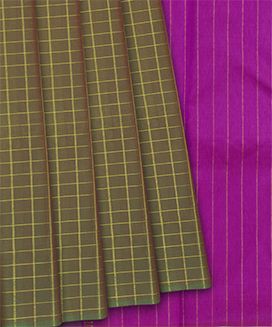 Olive Green Handloom Kanchipuram Silk Saree With Checks & Pink Pallu
