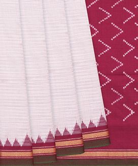 Off White Handloom Pochampally Single Ikat Silk Saree With Stripes