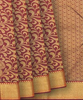 Crimson Handloom Kanchipuram Silk Saree With Floral Vine Motifs
