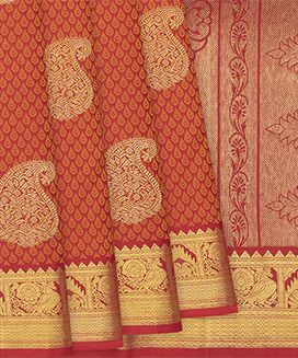 Red Handloom Kanchipuram Silk Saree With Mango Zari Buttas
