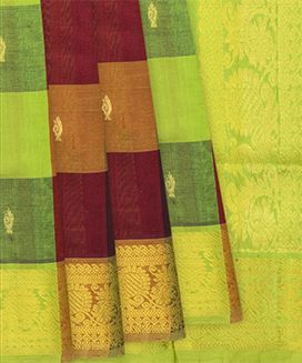 Green Handloom Silk Cotton Saree With Checks & Buttas