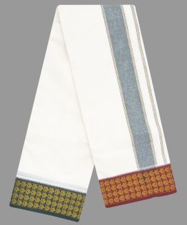 Cream 9 x 5 Cotton Dhoti with Green - Brown Contrast fancy border