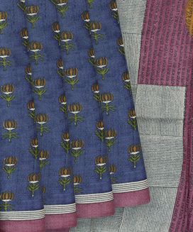 Blue Handloom Printed Tussar Silk Saree With Floral Motifs
