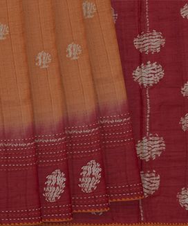 Rust Handloom Tussar Silk Saree With Floral Motifs & Red Border
