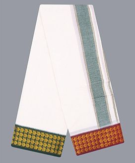 Cream 10 x 6 Cotton Dhoti with Green - Maroon Contrast fancy border

