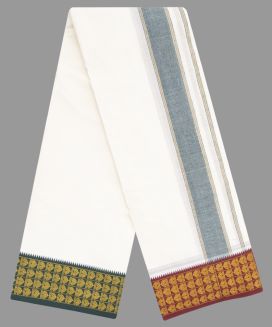 Cream 10 x 6  Cotton Dhoti With Green - Maroon Contrast Fancy Border