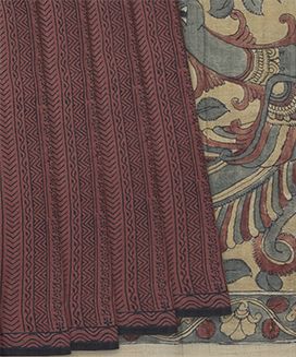Brown Handloom Tussar Silk Saree With Chevron Motifs & Printed Peacock Pallu
