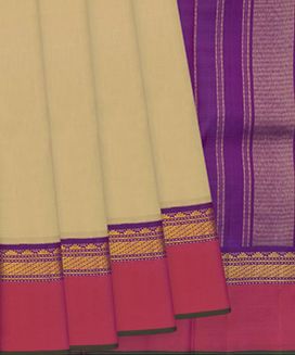 Cream Handloom Kanchipuram Korvai Silk Saree With Purple Pallu
