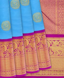 Turquoise Handloom Kanchipuram Korvai Silk Saree With Annam Buttas
