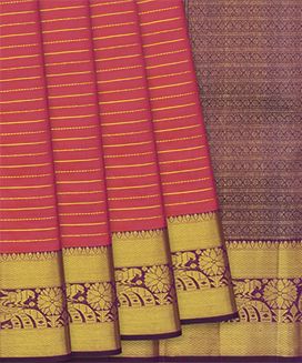Orange Handloom Kanchipuram Korvai Silk Saree With Stripes
