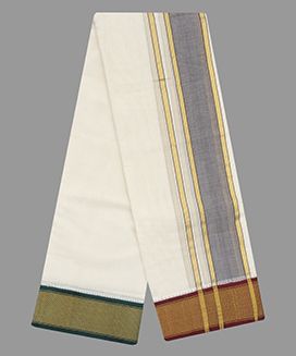  Cream 10 x 6 - 16  kan Handwoven Cotton Dhoti with Mayil Kan Korvai Border
