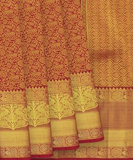 Red Handloom Kanchipuram Silk Saree With Vanasingaram Motifs
