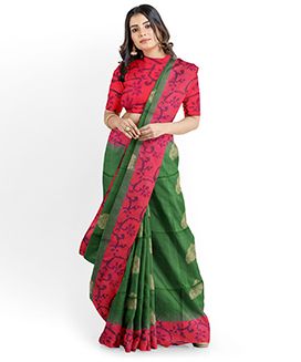 Dark Green Handloom Soft Silk Saree With Butta & Red Border
