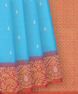 Turquoise Handloom Soft Silk Saree With Floral Motifs & Contrast Border
