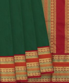Bottle Green Silk Saree With Plain Body & Contrast Red Border
