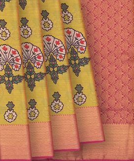 Lemon Yellow Blended Silk Saree With Printed Flower Motifs & Pink Border
