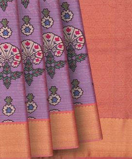 Lilac Blended Silk Saree With Printed Floral Motifs & Peach Border
