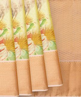 Sandal Blended Silk Saree With Printed Flower Motifs & Peach Border
