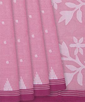 Bubble Gum Pink Handloom Dhakai Cotton Saree With Floral Pallu & Red Border
