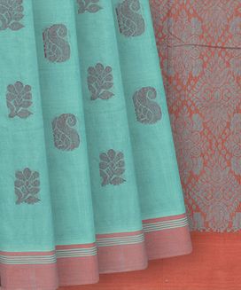 Turquoise Handloom Rasipuram Cotton Saree With Mango Butta

