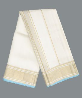 Off White 9 X 5 Handloom Silk Dhoti With Zari Motifs & Turquoise Selvedge 
