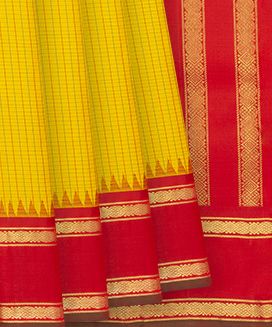 Yellow Handloom Kanchipuram Korvai Silk Saree With Checks & Red Border

