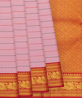 Baby Pink Handloom Kanchipuram Korvai Silk Saree With Beldari Stripes & Ganga Jamuna Border
