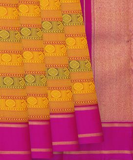 Mustard Handloom Kanchipuram Silk Saree With Mango Motifs in Stripes & Pink Border
