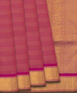 Pink Handloom Kanchipuram Vairaoosi Silk Saree With Stripes & Solid Border
