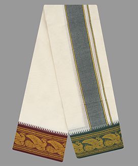 Cream 10 x 6 Handwoven Cotton Dhoti with 5 inch contrast Fancy Border with Peacock Motif