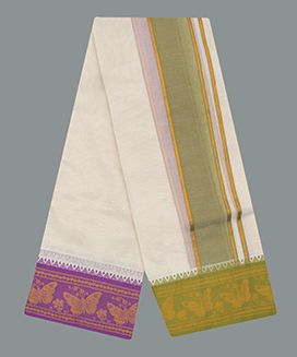 Cream 9 x 5 Handwoven Cotton Dhoti with 5 inch contrast Fancy Border with Butterfly Motif
