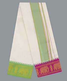 Cream 9 x 5 Handwoven Cotton Dhoti with 5 inch contrast Fancy Border with Elephant Motif