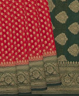 Red Banarasi Woven Khaddi Georgette Saree With Floral Motifs & Green Border
