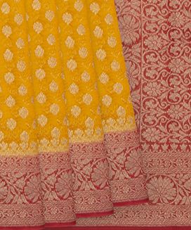 Yellow Banarasi Woven Khaddi Georgette Saree With Floral Motifs & Red Border
