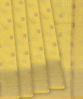 Yellow Woven Blended Linen Saree With Floral Butta & Zari Border
