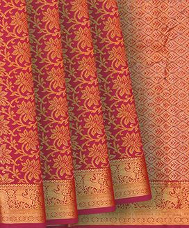 Crimson Handloom Kanchipuram Silk Saree With Floral Vine Zari Brocaded Motifs

