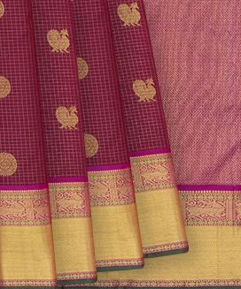 Crimson Handloom Kanchipuram Silk Saree With Annam Chakaram In Checks & Pink Border
