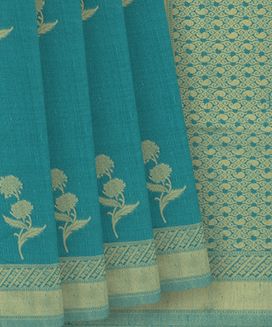 Cyan Woven Blended Cotton Saree With Floral Butta & Zari Border

