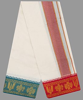 Cream 10 x 6 Handwoven Cotton Dhoti with 5 inch contrast Fancy Border 
