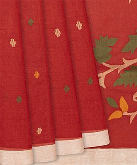 Red Handloom Dhakai Cotton Saree With Buttas & Floral Motifs 
