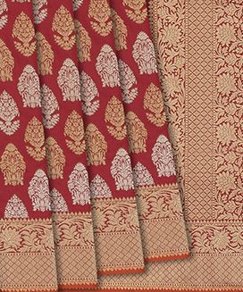 Red Handloom Banarasi Silk Saree With Floral Motifs & Vine Motifs in Border
