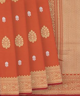 Orange Handloom Banarasi Silk Saree With Floral Butta
