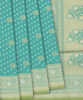 Turquoise Handloom Banarasi Silk Saree With Floral & Corner Paisley Motifs

