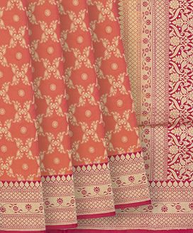 Orange Handloom Banarasi Silk Saree With Floral Jaal Motifs
