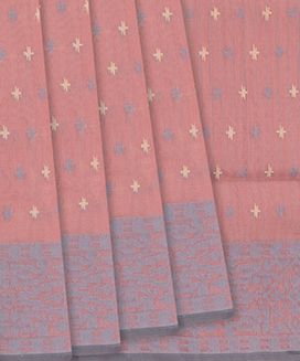 Dusty Pink Handloom Banarasi Cotton Saree With Floral Grey Border
