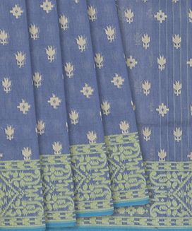 Steel Blue Handloom Banarasi Cotton Saree With Geometric Floral Motifs
